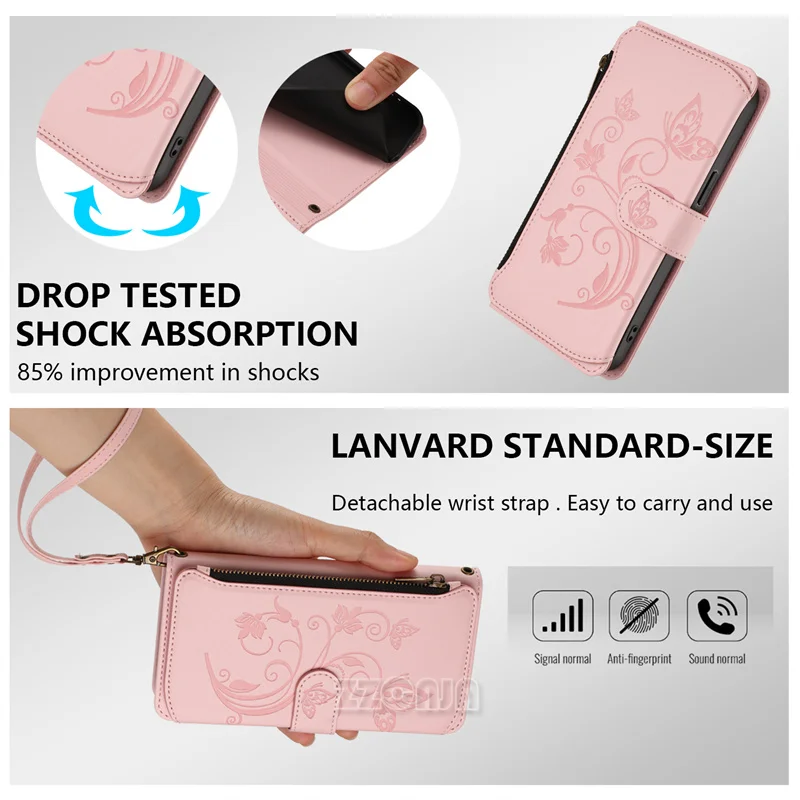 POCO F7 Ultra F6 Pro F5 X7 X6 NEO X4 X3 ซิปกระเป๋าสตางค์ดอกไม้สําหรับ Xiaomi A1 A2 A3 Mi 9 Lite หนังการ์ดสล็อต Lanyard
