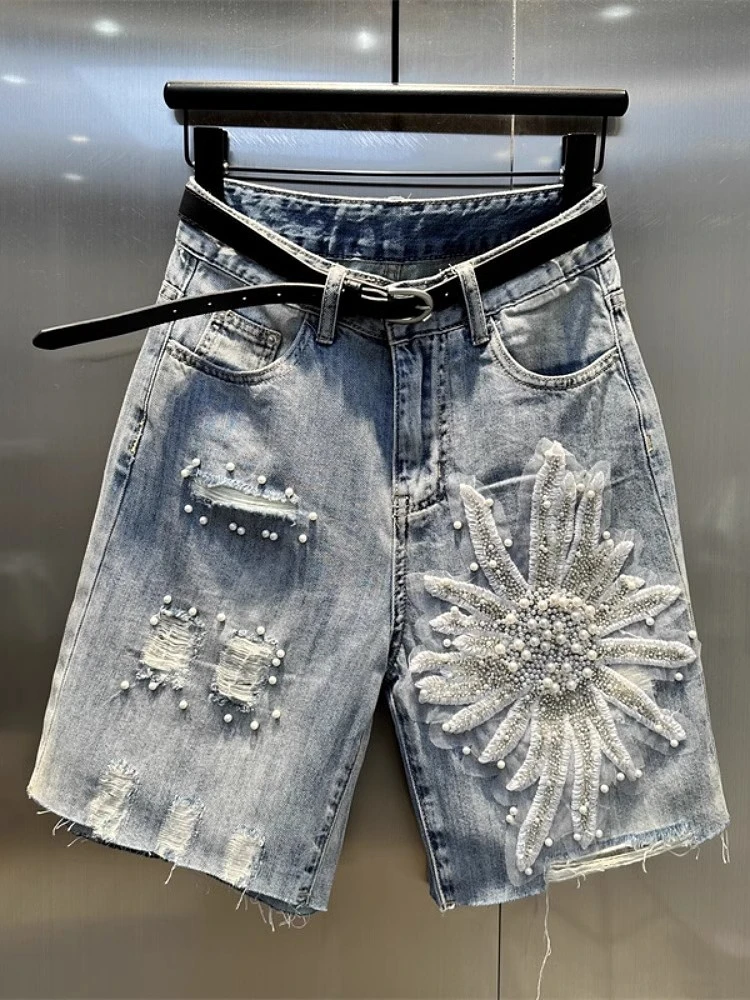 Ladies Jeans Summer Street Denim Shorts Women Tassel Sequin Bead Fashion Y2k Ripped Shorts High Waist Knee Length Pants Female