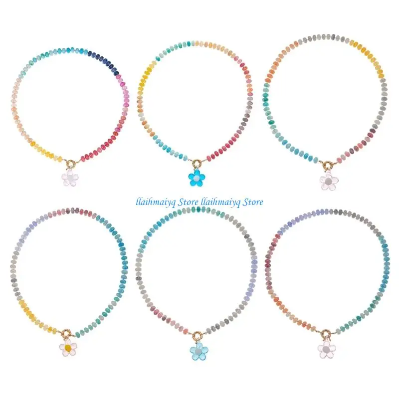 

573B Rainbow Flower Beaded Necklace Lightweight Copper Jewelry For Women Girls Casual Party Wear