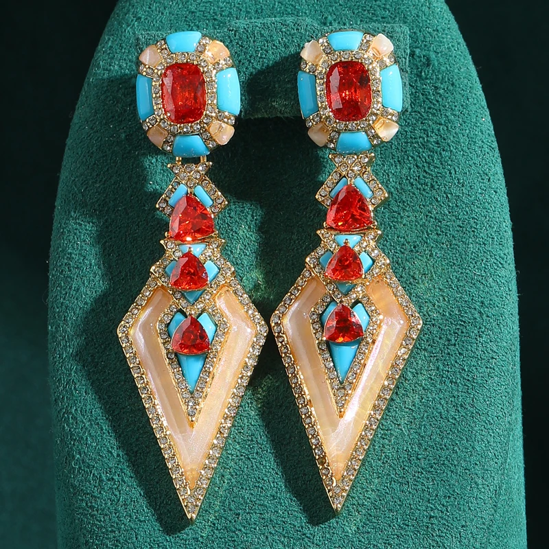 

Vintage Red Crystal Large Statement Earrings Blue Enamel Geometric Contrasting Exaggerated Antique Jewelry Aesthetic for Women