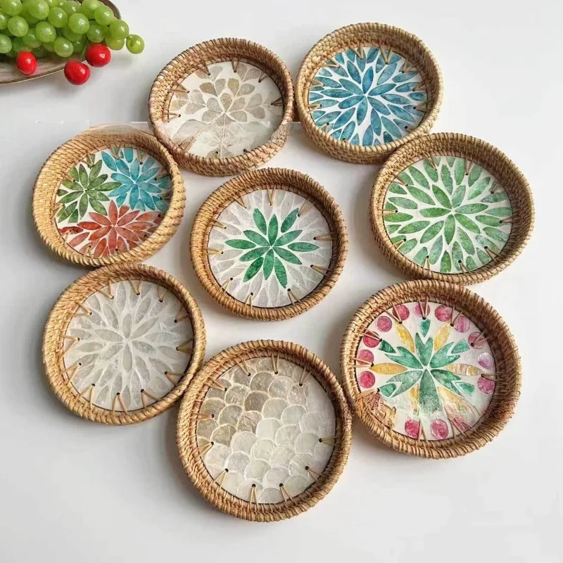 Rattan Shell Tray Living Room Snack Storage Tray Pastry Tea Tray Round Shell Storage Tray Fruit Basket Home Decoration