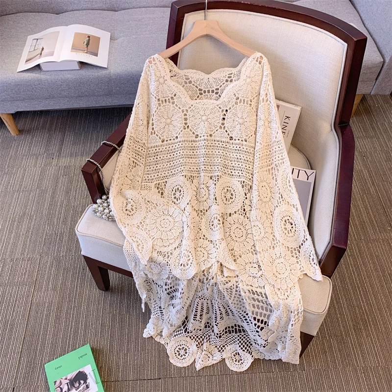 

Spring Sweet Pure Color Knitted Sweater Coat Hollow out Front ort Ba Long Women's plus Size Jaet Comfortable Cotton Top