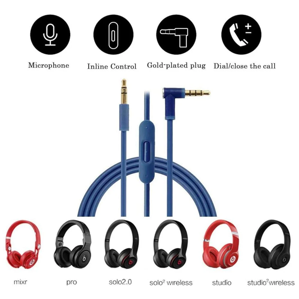 Cabo de Extensão de Áudio com Microfone e Controlo em Linha, Beats Headphones, Solo Studio, 2, 3 Pro, 1 Substituição