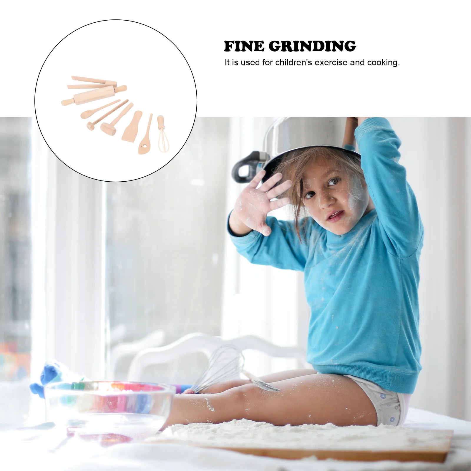 1Set Wooden Kids Kitchen Playthings Safe Non Sharp Edges Pretend Cooking Tools Rolling Pin Whisk Mini Spatula Egg Beater