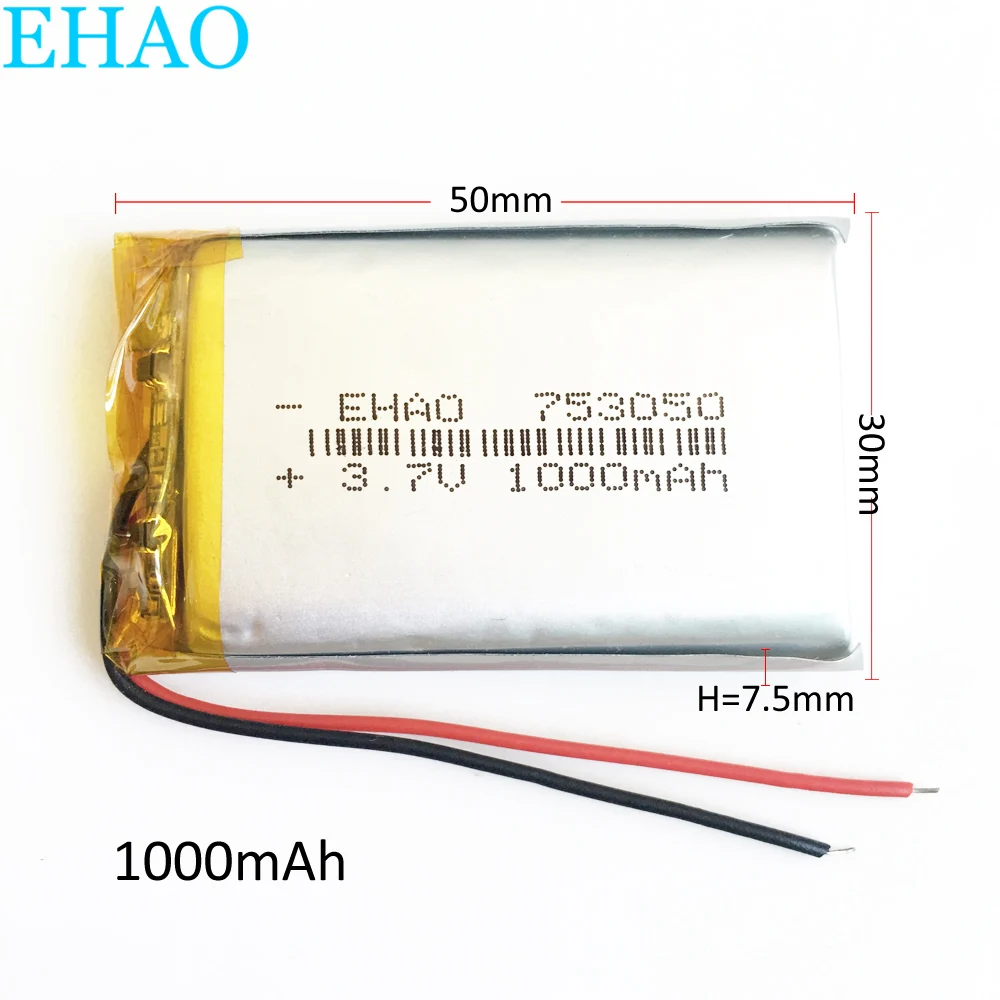 3.7V 1000mAh LiPo Rechargeable Battery 753050 + JST 3Pin Plug For Mp3 DVD PAD Mobile phone Tablet PC Power Bank Massager