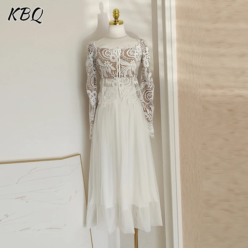 

KBQ Chic French Two Piece Sets for Women Square Collar Long Sleeve Short Tops High Waist Spliced Mesh Skirts Chic Set Female New