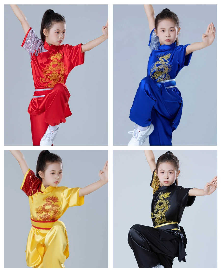 

Kun Master Embroidered Dragon Kung Fu Wu Shu Uniform Martial Arts Tai Chi Clothing Summer Short Sleeves for Children and Adults