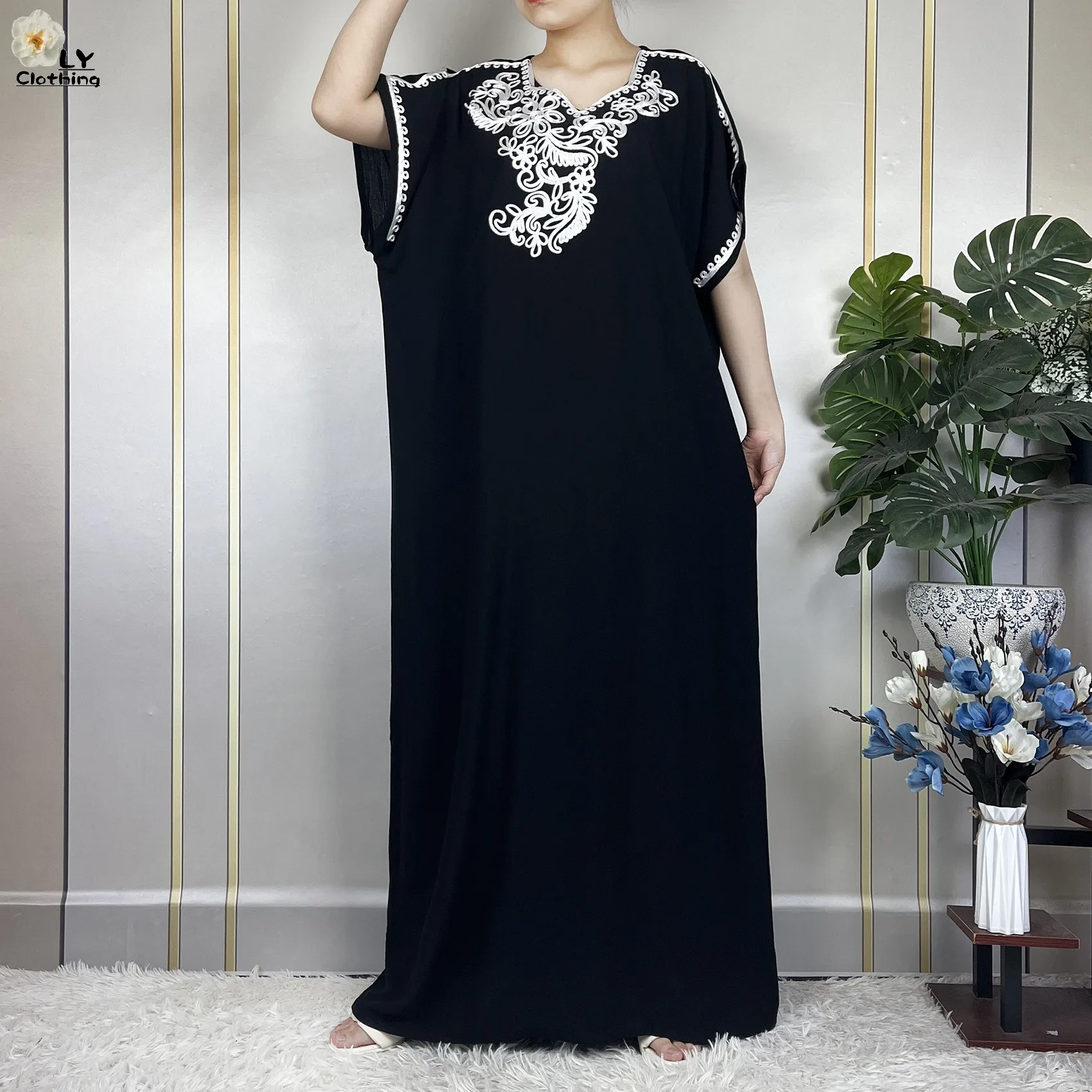 2023 African Abayas For Women Short Sleeve Summer Solid Color Loose Femme Robe Maxi Muslim Elegant Woman Dresses With Turban