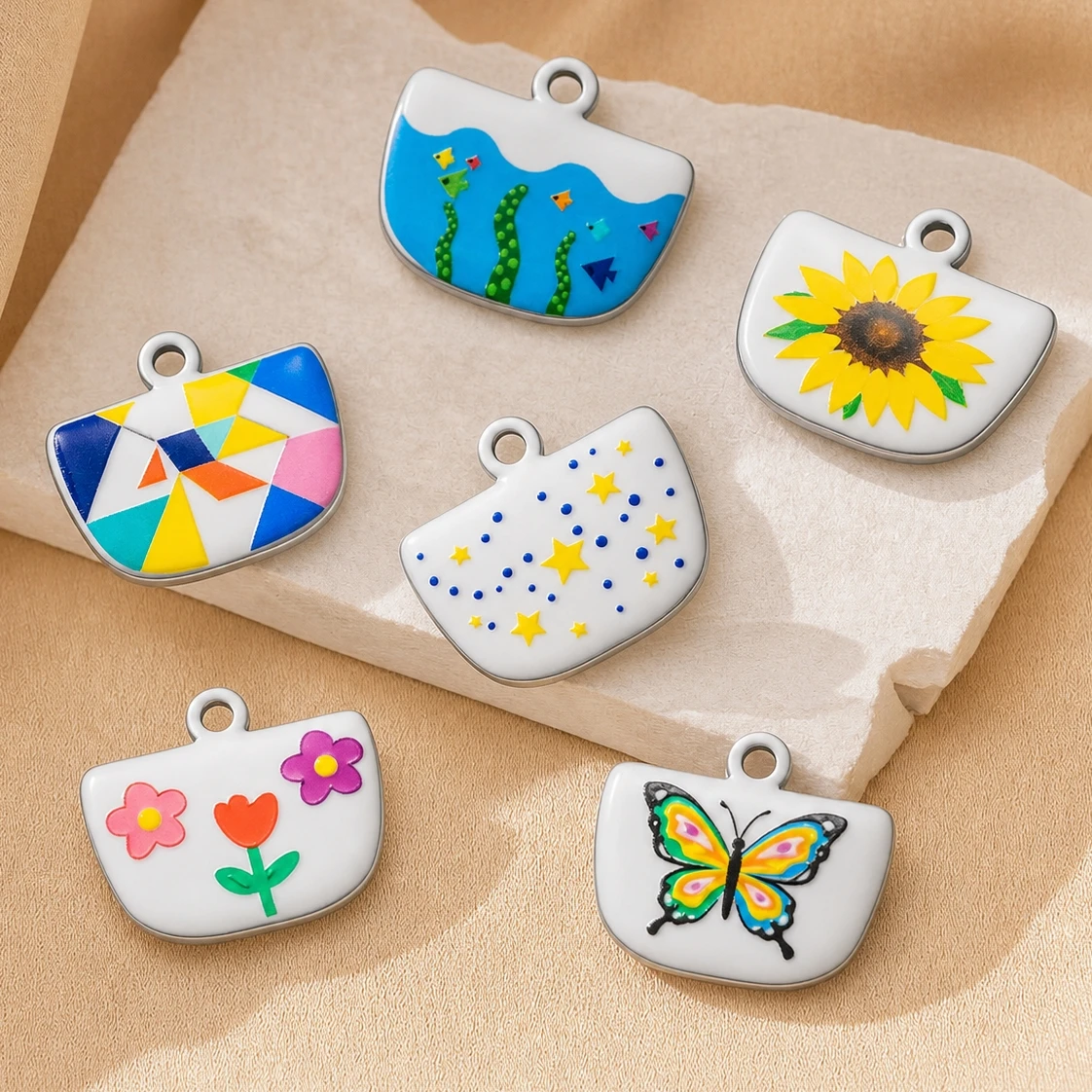 5 Stück Niedliche Handbemalte Emaille-Anhänger mit Schmetterling- und Sternmotiven aus Edelstahl für Frauen, DIY-Halsketten, Schmuckherstellung, Accessoires – Detail 1