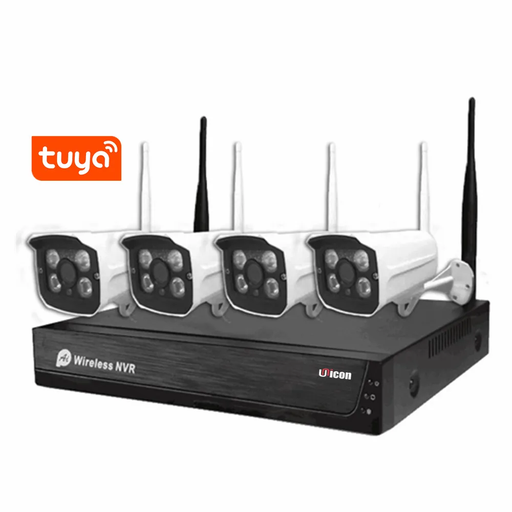 Sistem CCTV H.265 3MP Keamanan Rumah Luar Ruangan Nirkabel 4CH Tuya WiFi Nvr Kit Dengan LCD 10 inci