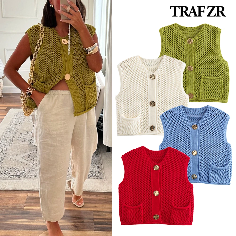 

TRAF ZR Vacation Elegant O-NECK Knitted Top Front Pockets Vintage Crochet Tank Top Women Y2k Chuncy Yarn Cardigan Gold Buttons