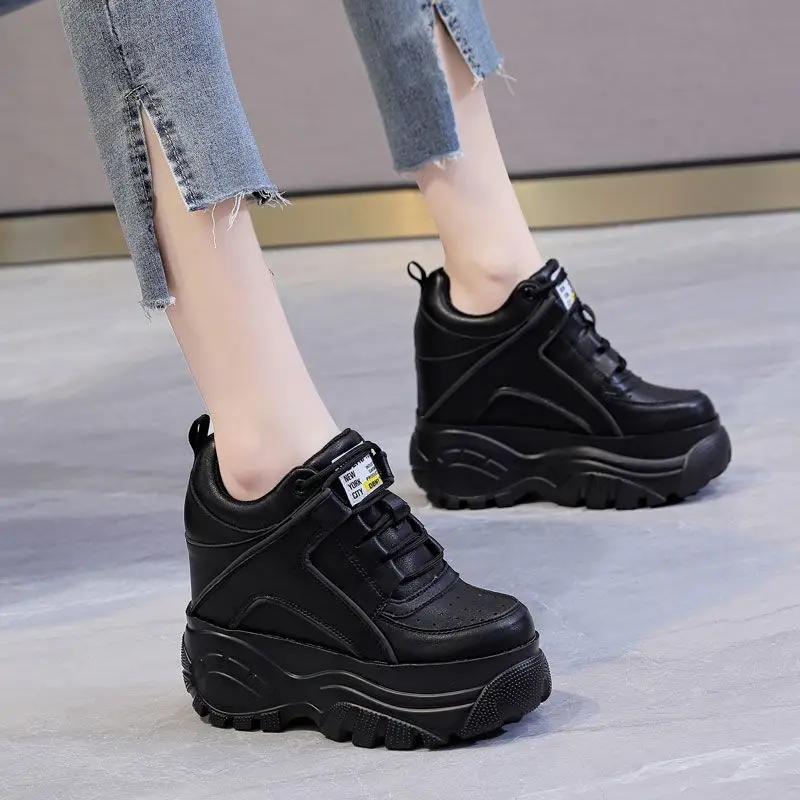 Fujin 12cm Genuine Leather Motorcycle Ankle Boots Autumn Booties Platform Wedge Sneakers Hidden Heel Super High Lady Women Shoes