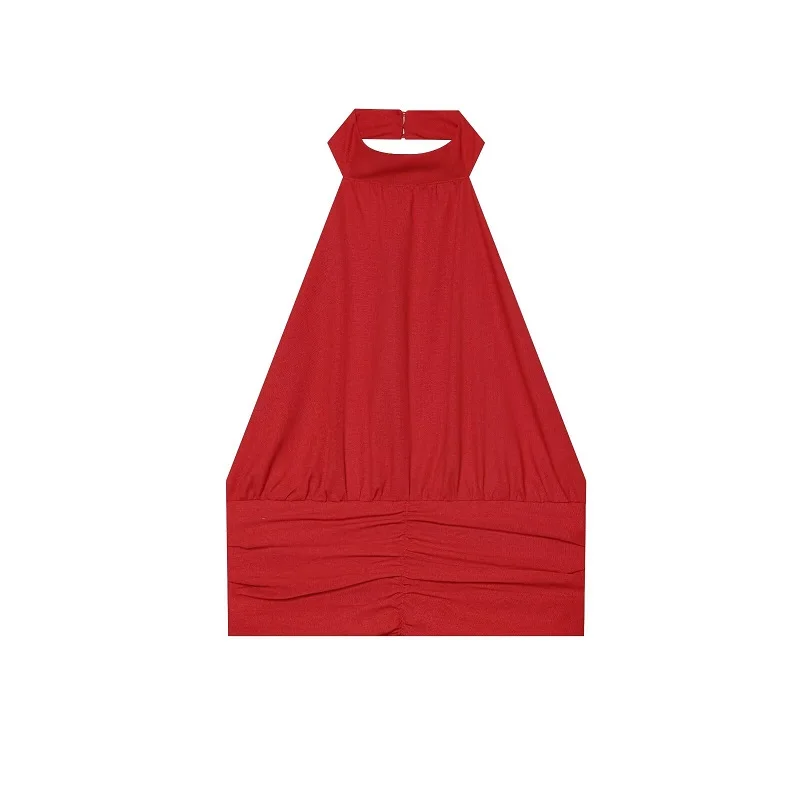 MUJER Rotes Gerades Hosen-Set 2-teilig Damen Sommer Niedrige Taille Damenhosen-Anzug Neckholder Crop Top Damen-Outfit Urlaubshose – Detail 4