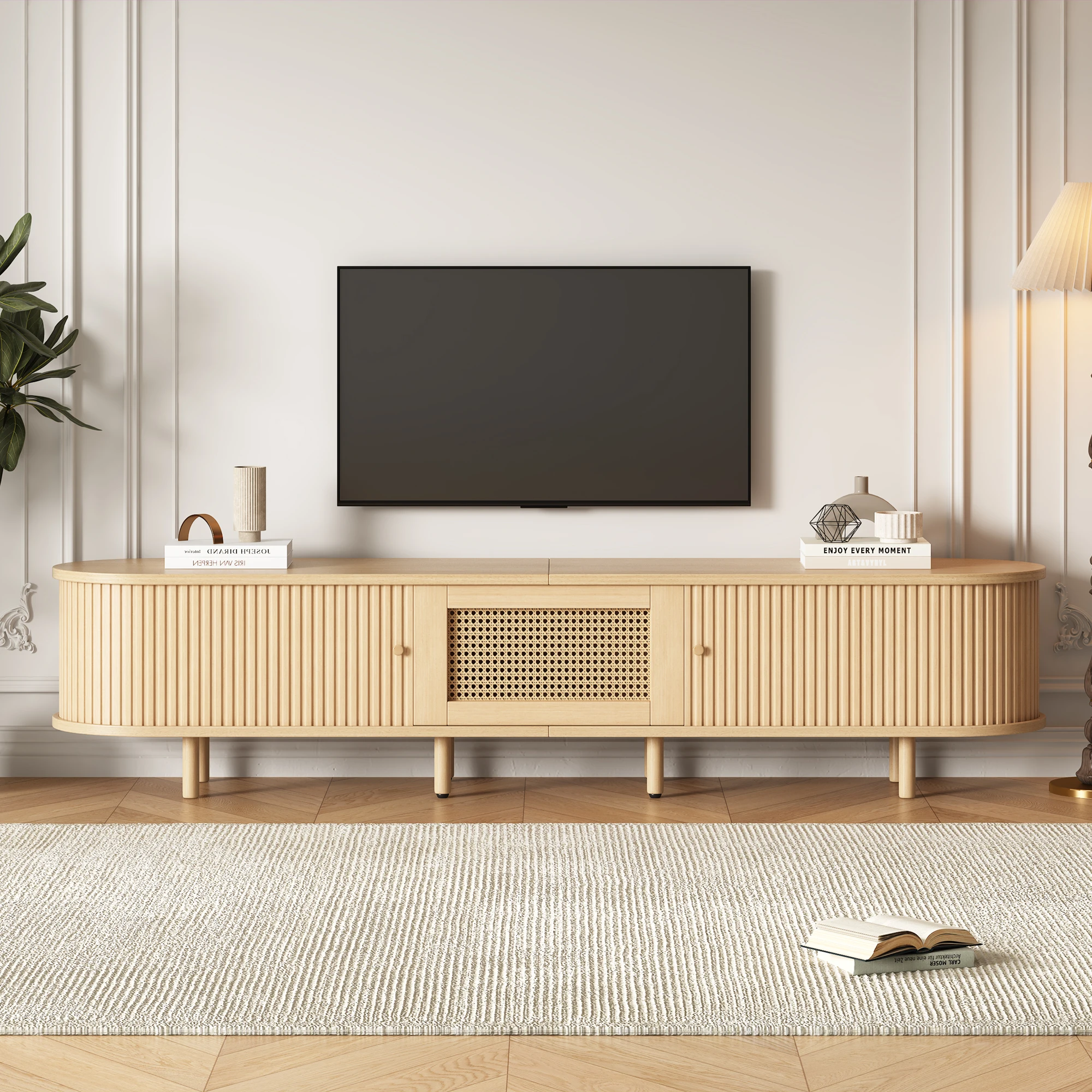 Meuble TV bas moderne, 180x40x40cm, MDF avec porte à roulettes et tiroir, design rond, compatible avec les téléviseurs jusqu'à 75 pouces, centre de divertissement pour salon, couleur bois
