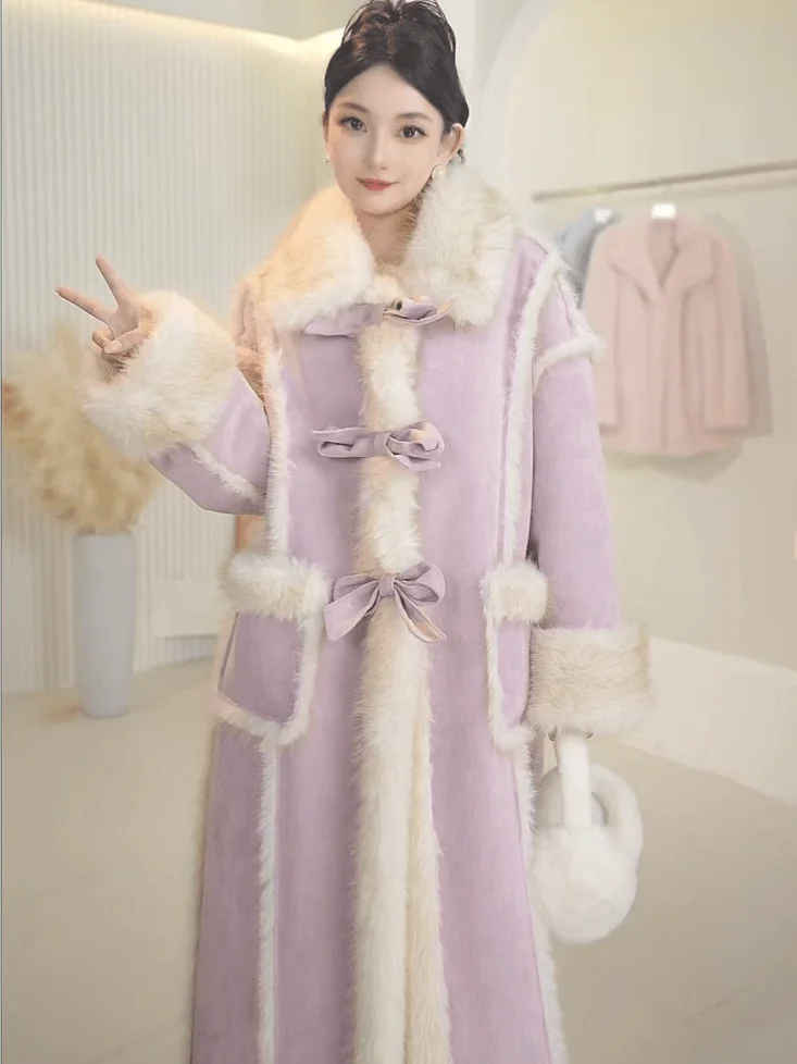 

Длинное женское двустороннее пальто из меха ягненка Thiened с галстуком-бабочкой на молнии, теплое пальто на подкладке для осени...