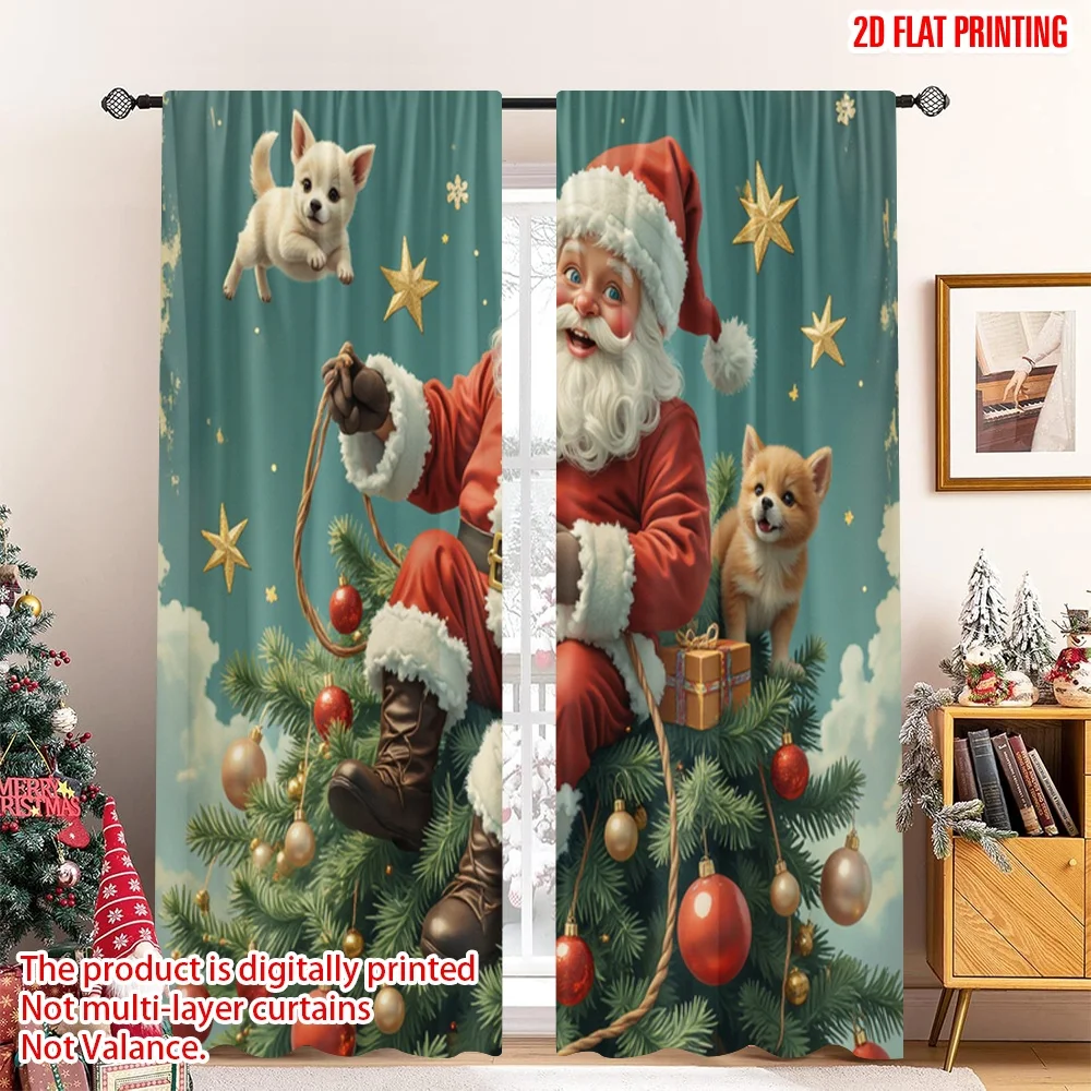 

2pcs 2D flat printing Merry Christmas Curtains Santa Cat Dog Christmas Tree Polyester Without Electricity Spring for Entryway