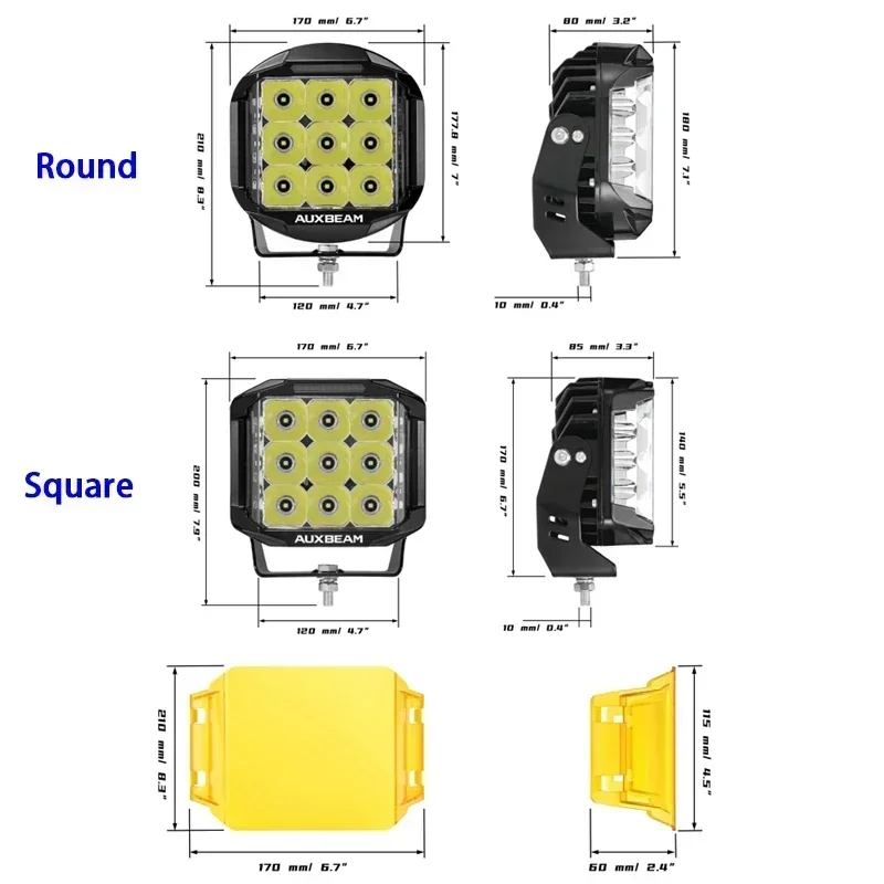 AUXBEAM 7 Inch LED Work Driving Lamp 228W 26100LM Round /Square Pod Lights with Double-Side Shooter Lights V-MAX Series