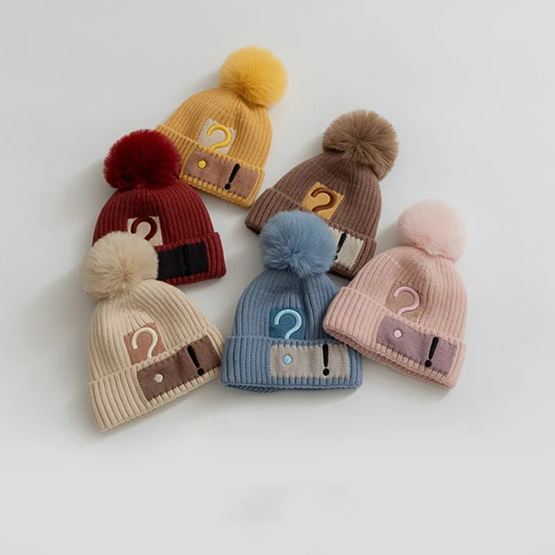 

Soft Warm Baby Beanies Furry Balls Pompom Knitted Hats For Toddler Children Embroidery Kids Boys Girls Autumn Winter Caps