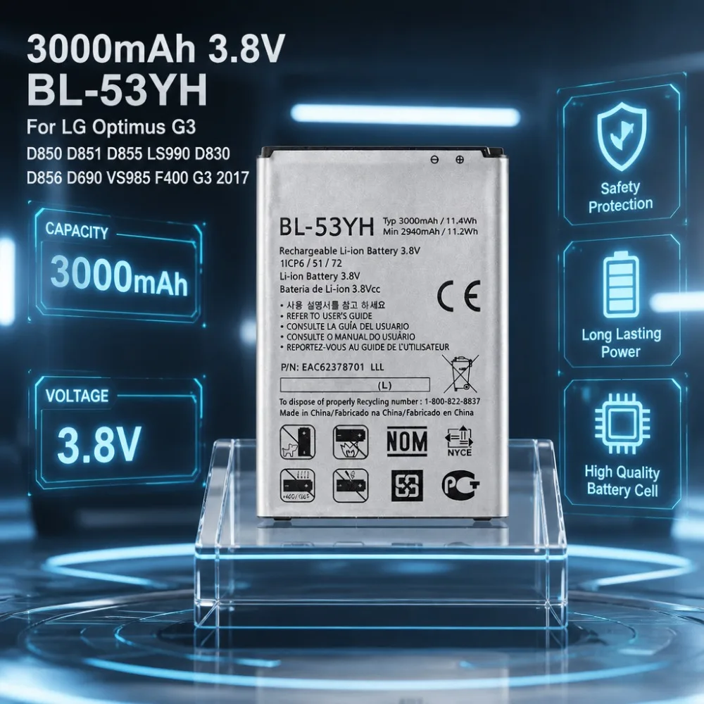

In Stock 3000mAh 3.8V BL-53YH Mobile Phone Battery for For LG Optimus G3 D850 D851 D855 LS990 D830 D856 D690 VS985 F400 G3 2017