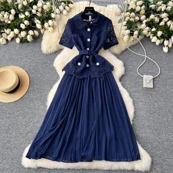 Summer Holiday Two Piece Dresses Women Hook Flower Embroidery Hollow Out Lace Shirt Petal Buttons Pleated Long Vestidos Belt