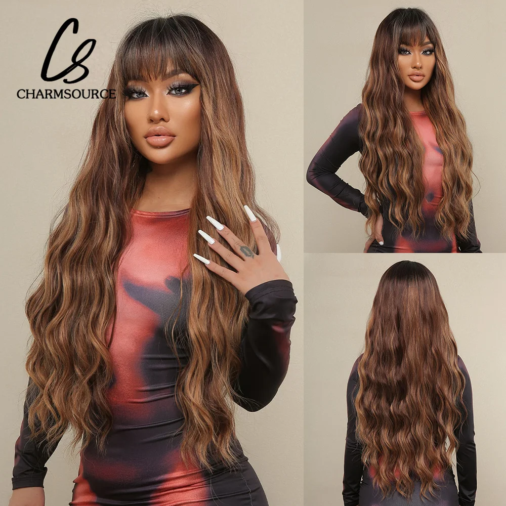 CharmSource Long Vavy Wig Mixed Brown Honey Blonde with Bangs Synthetic Wigs for Women Cosplay Party Wear Heat Resistant