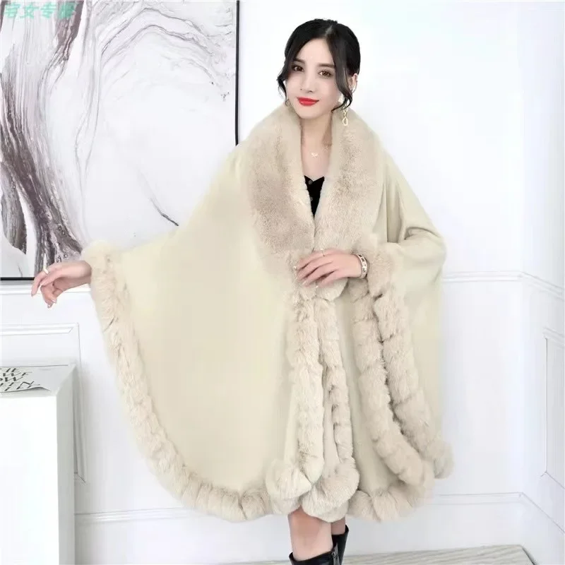 High Quality Banana Large Fur Collar Poncho Cape Shawl 2022 Autumn Winter Women\'s Knitted Faux Rabbit Fur Large Size Coat