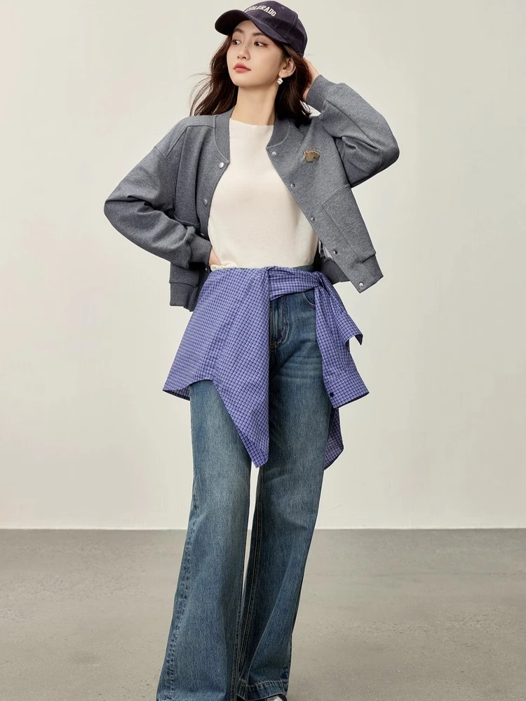 SENTUBILA Women's Jackets 2025 Autumn Casual Knit Cardigan Baseball Jacket Ribbed Collar Loose Long Sleeve Short Coat 153WE2051