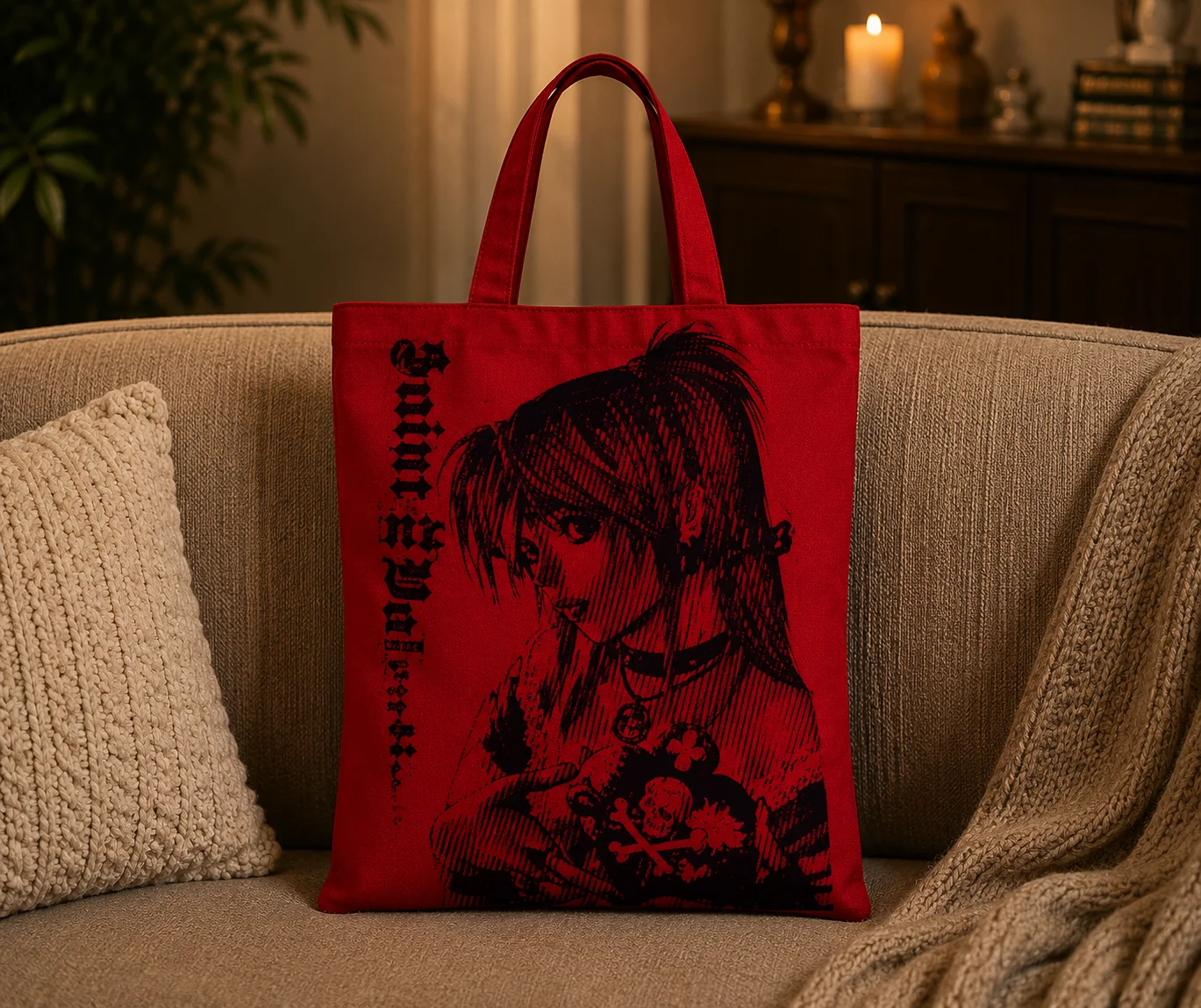 Y2K Gothic Anime Tote Bag, Death Note Misa Amane Manga Print Shoulder Bag,Large Reusable Shopper Handbag for School Travel Daily