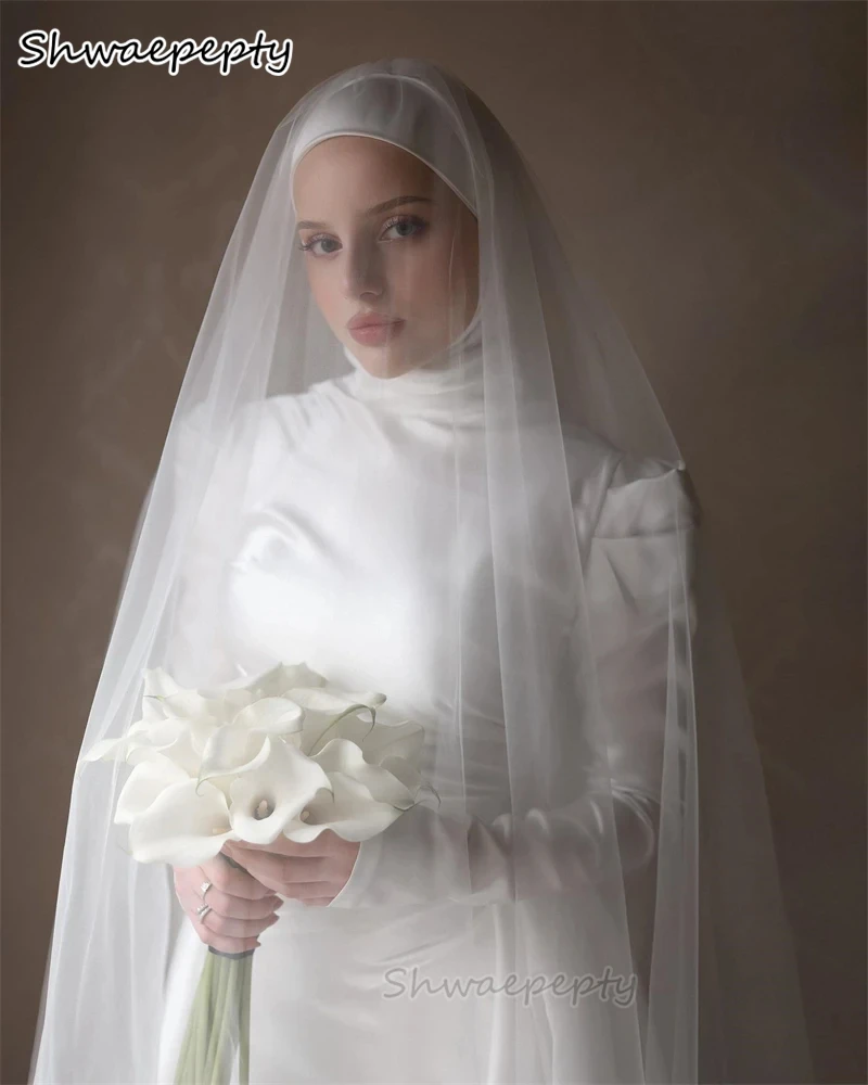 فستان زفاف إسلامي متواضع برقبة عالية وأكمام طويلة من الساتان الأبيض فستان زفاف مخصص أنيق فستان رسمي للعروس الإسلامية #2