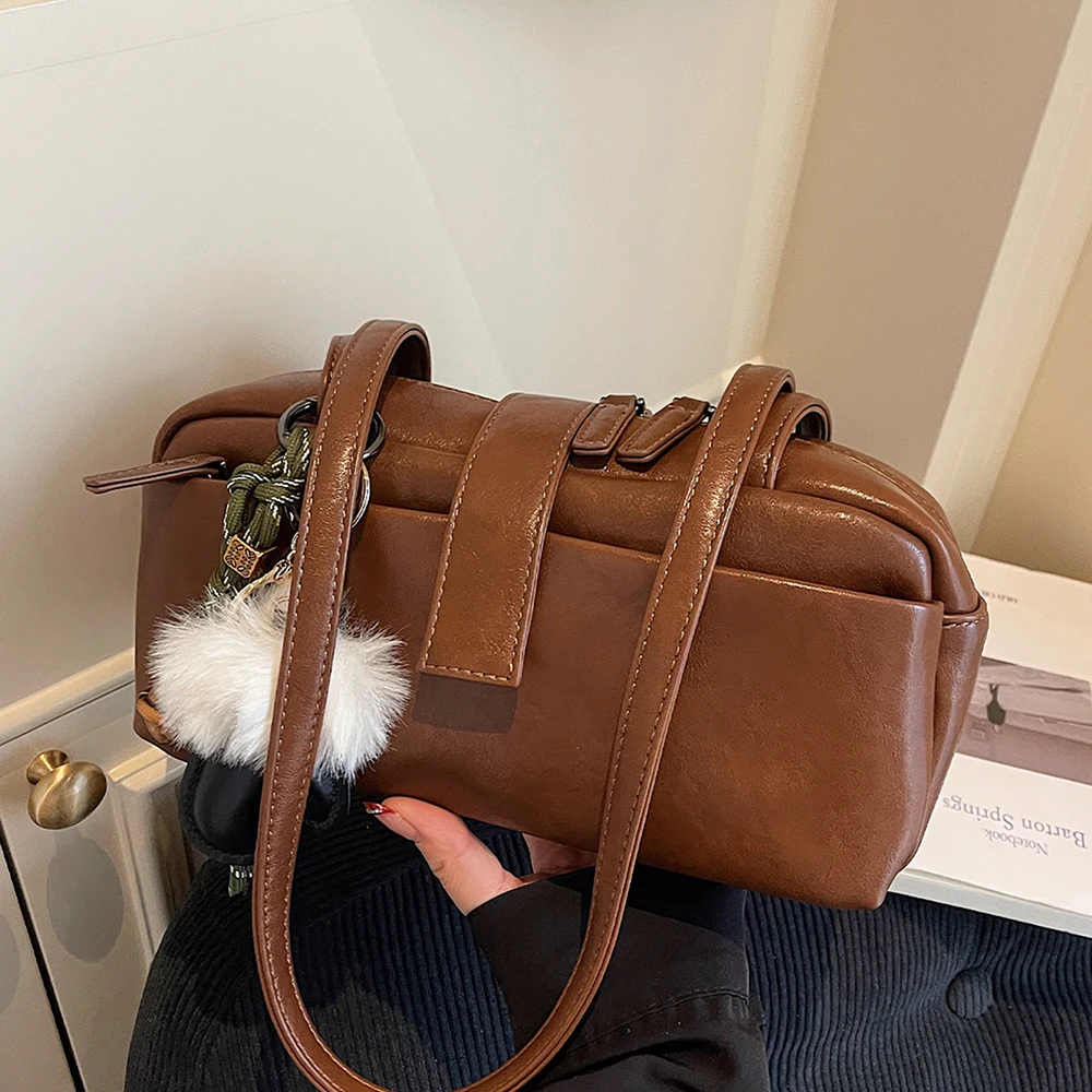 

Women Vintage Pu One Shoulder Bag Autumn Winter High Grade Buckle Zipper Underarm Bags Daily Commute All-Match Armpit Packs