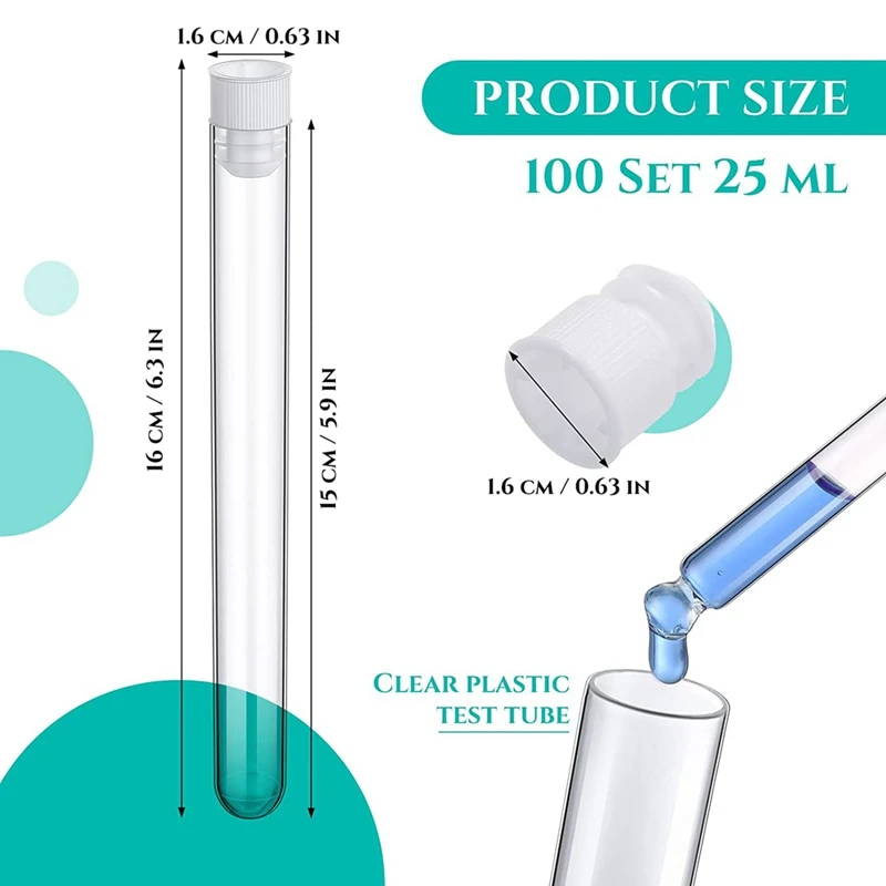 100Pcs  Plastic Tube 16 X 150 Mm Clear Test Tubes With Lids 25 Ml  Plastic Vials For Scientific Experiments Party Supplies