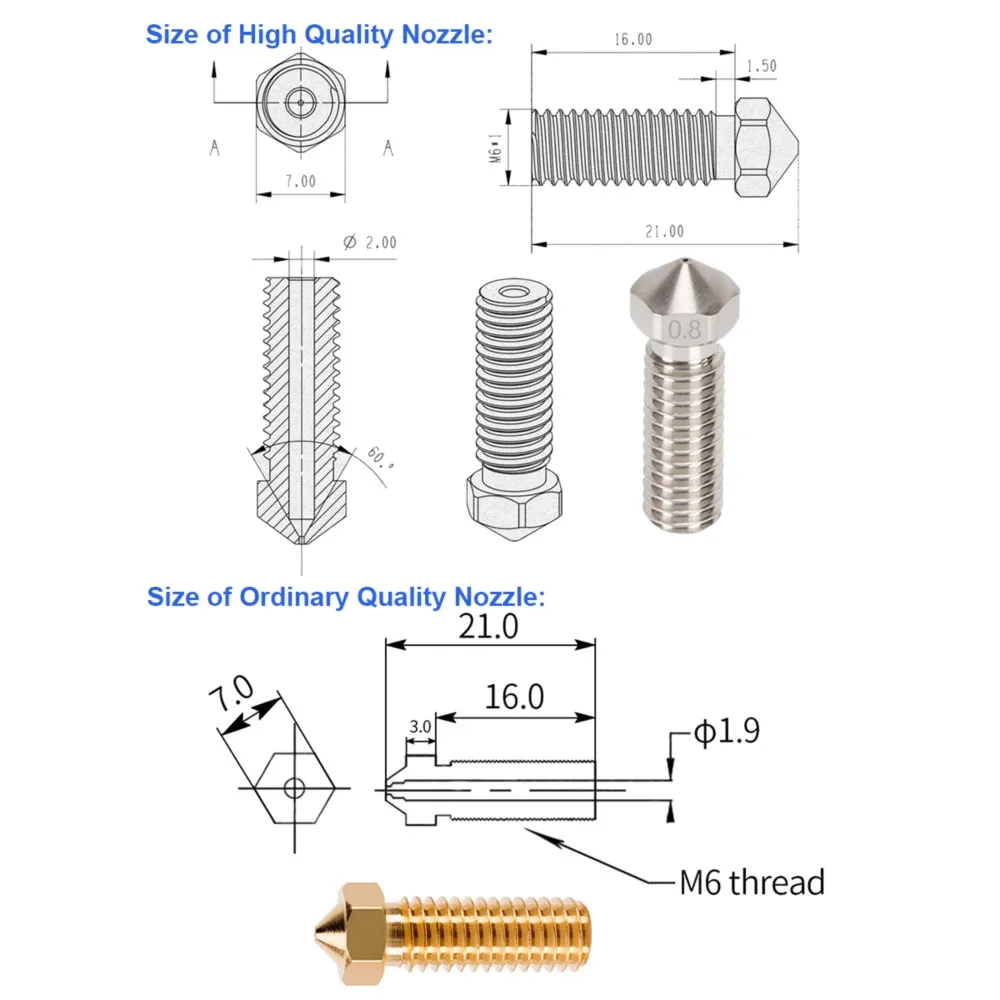 Alta qualità 2 pezzi E3D vulcano ugello in acciaio temprato parti della stampante 3D Hotend M6 ottone E3D ugelli vulcano per filamento da 1.75mm