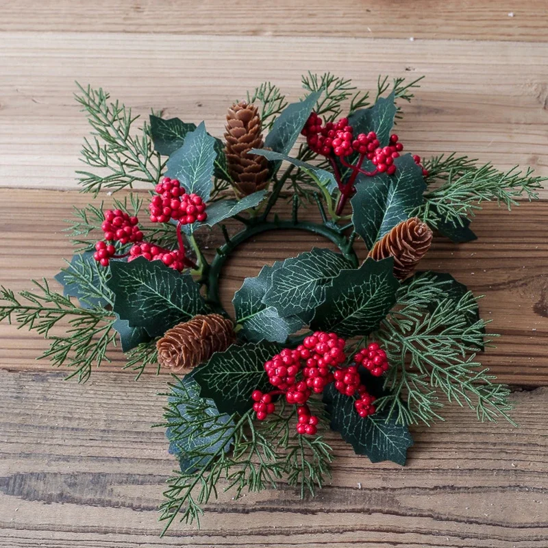 Christmas Candlestick Wreath Artificial Berry Garland Candle Ring Xmas Table Decoration Green Leaves Wreath for Candle Holder