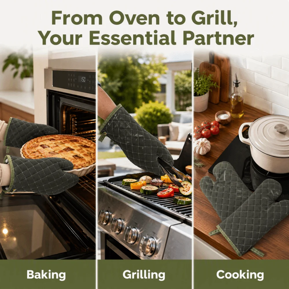2PCS Canvas +Cotton Oven Mitt Thickened Quilted Kitchen Baking Glove Anti Scald Extra Long Microwave Oven Glove