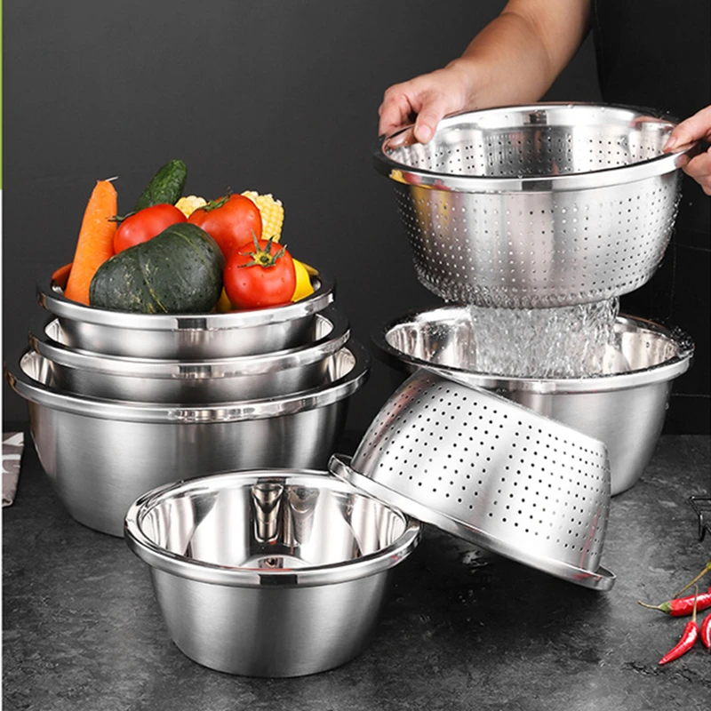 304 Stainless Steel Vegetables Basin Egg Mixing Bowls Rice Sieve Drain Basket Soup Basin Strainer Kitchen Cooking Storage Tools