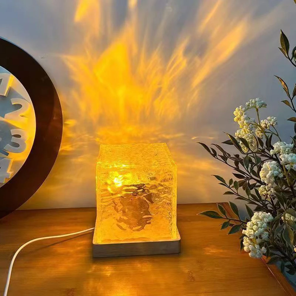 Water Ripple Cube Night Light Rotating Water Wave Night Lights Remote Control 16 Colors Crystal LED Table Lamp for Bedside ﻿