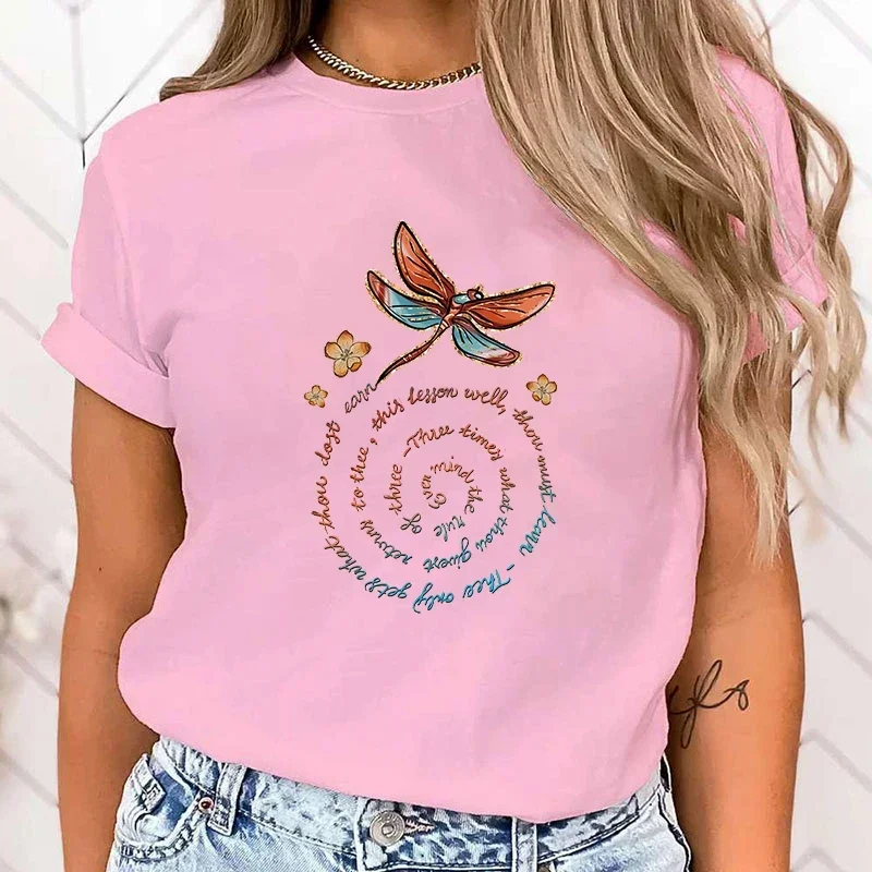 PremiumT-shirt Cute Dragonfly Print T-Shirts For Women Summer Lovely Short Sleeve Casual T-Shirts Funny Ladies Round Neck Tops