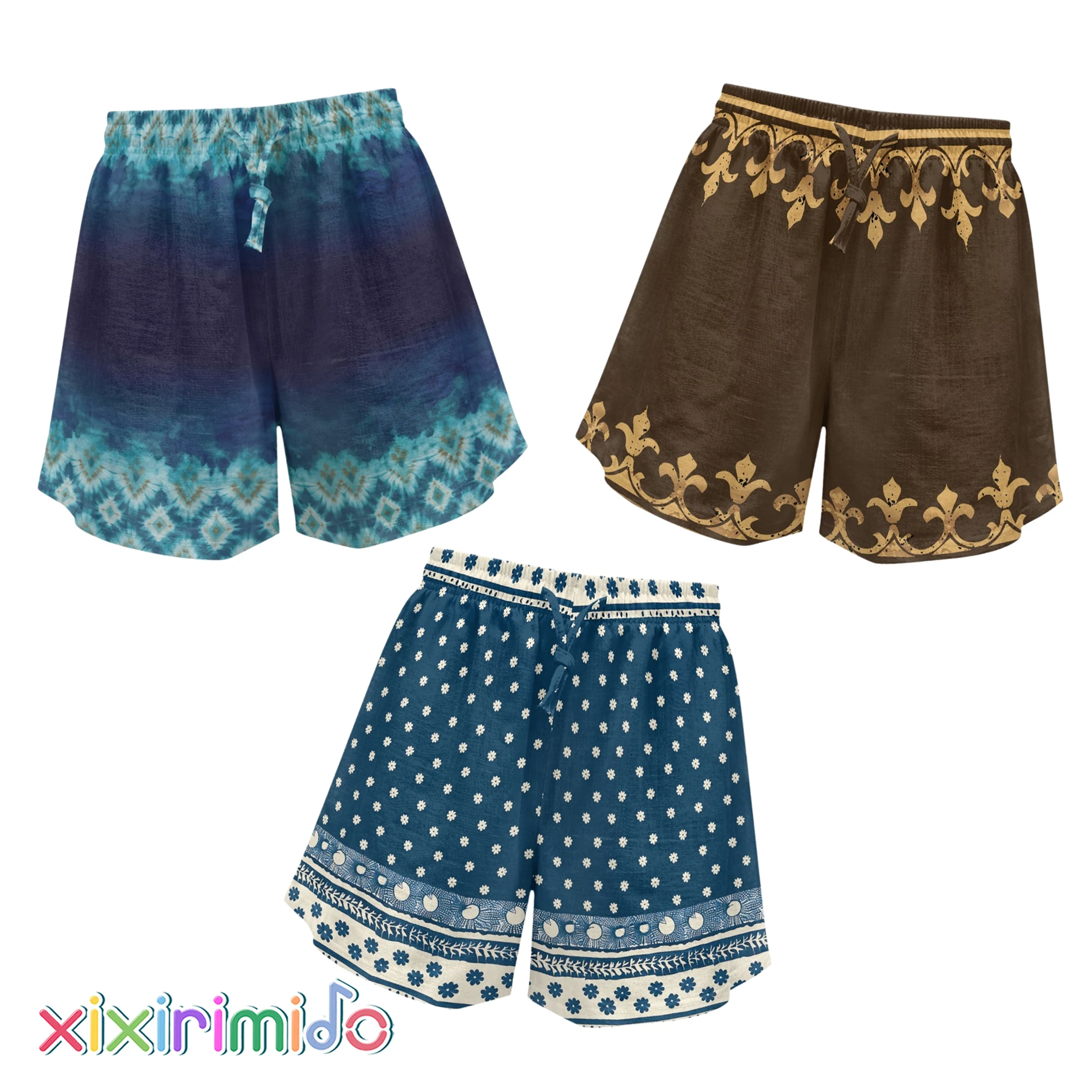 XIXIRIMIDO Summer Women's Casual Linen Shorts with Pockets Gradient Retro Print Wide-legged Drawstring Home Versatile Shorts