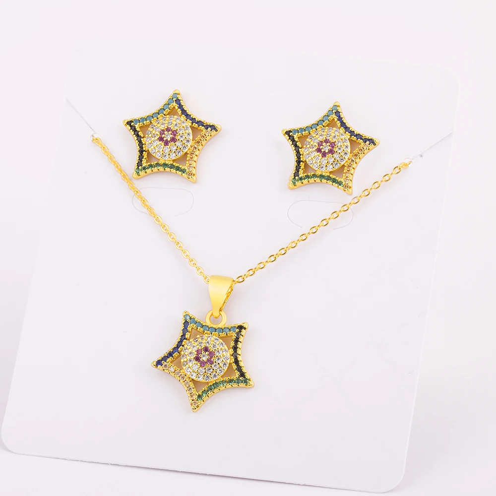 Nidin Lucky Star Shape High Grade Geometric Design Zircon Jewelry Set  Pendant Necklace Earrings Party Gifts For Women Girls