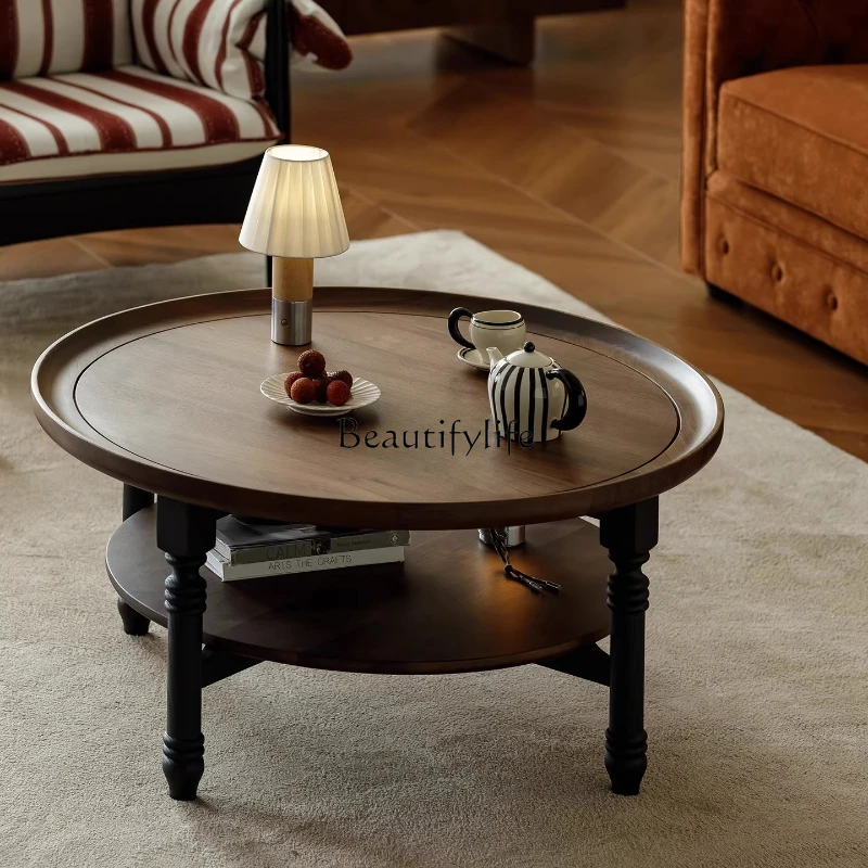 

Vintage Style Coffee Table French Solid Wood Retro Round Side Table North American Black Walnut Round Table