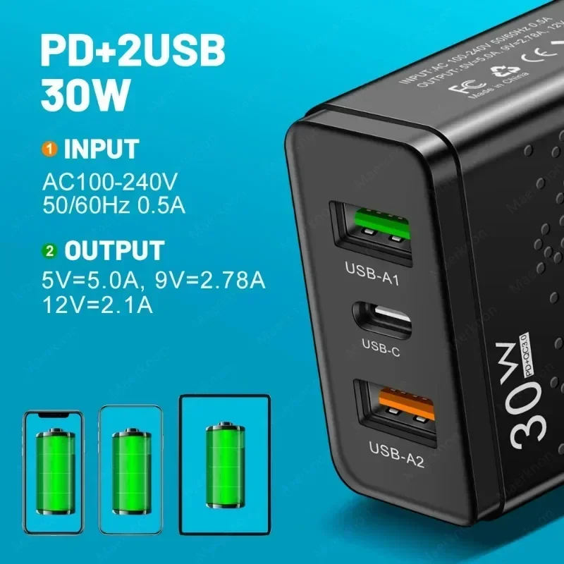 3 Ports EU/US Plug Wall Adapter PD USB Charger Quick Charge 3.0 30W Fast Phones Charger Adapter