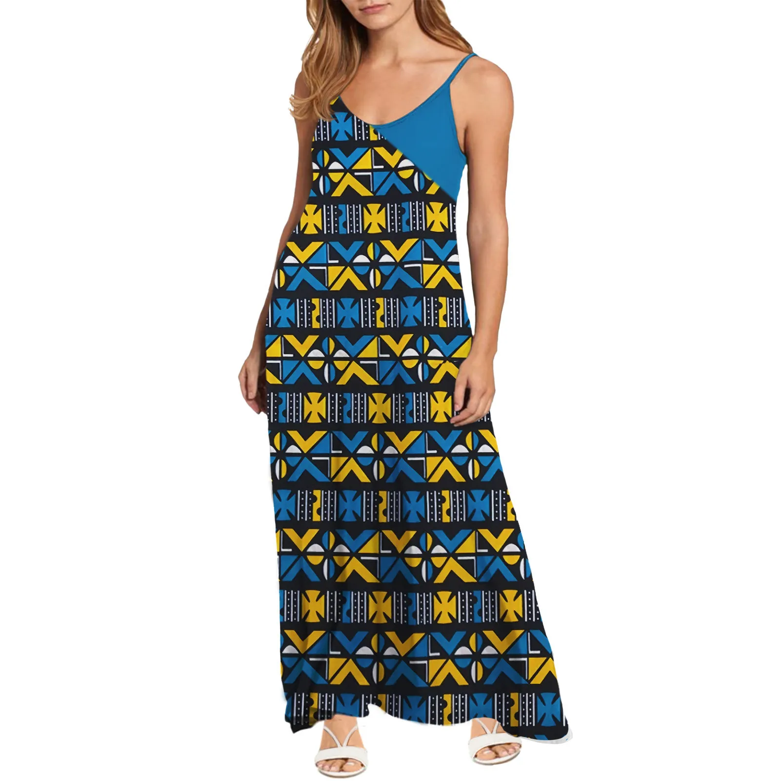 Noisydesigns Vintage Women African Kente Prints Maxi Dress Summer V-neck Sleeveless Sling Dresses Girls Long Beach Dresses Blue