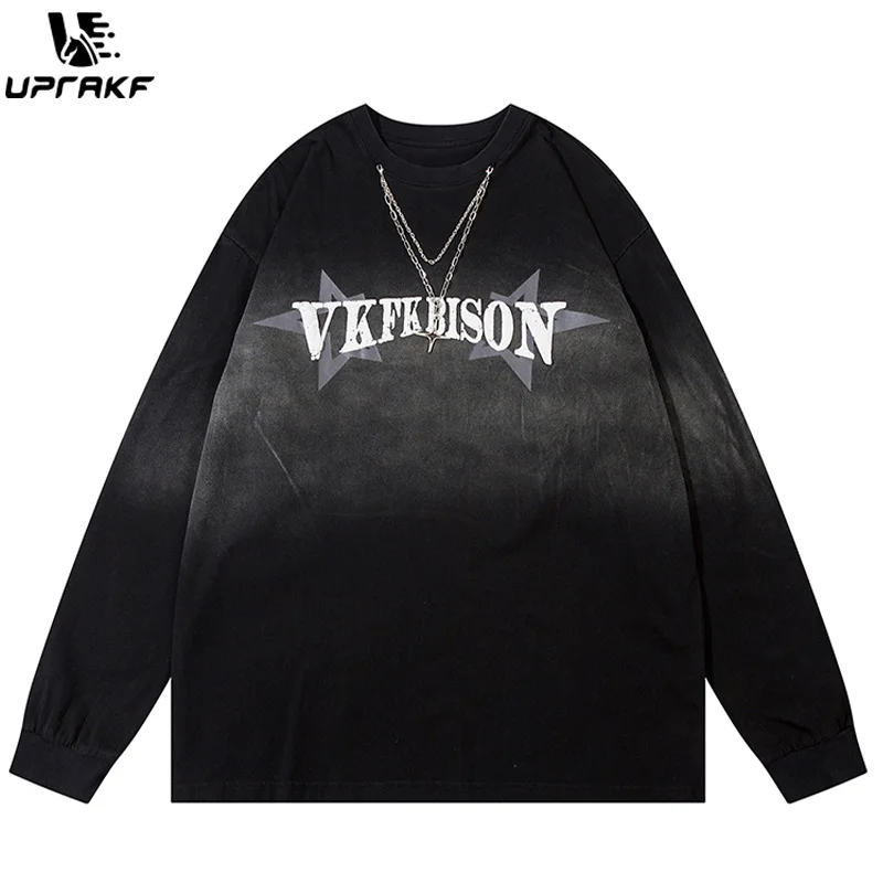 

UPRAKF Letter Print Gradient Hoodie Streetwear Pullovers Long Sleeve Autumn Hip Hop Fashion Casual High Quality Chain