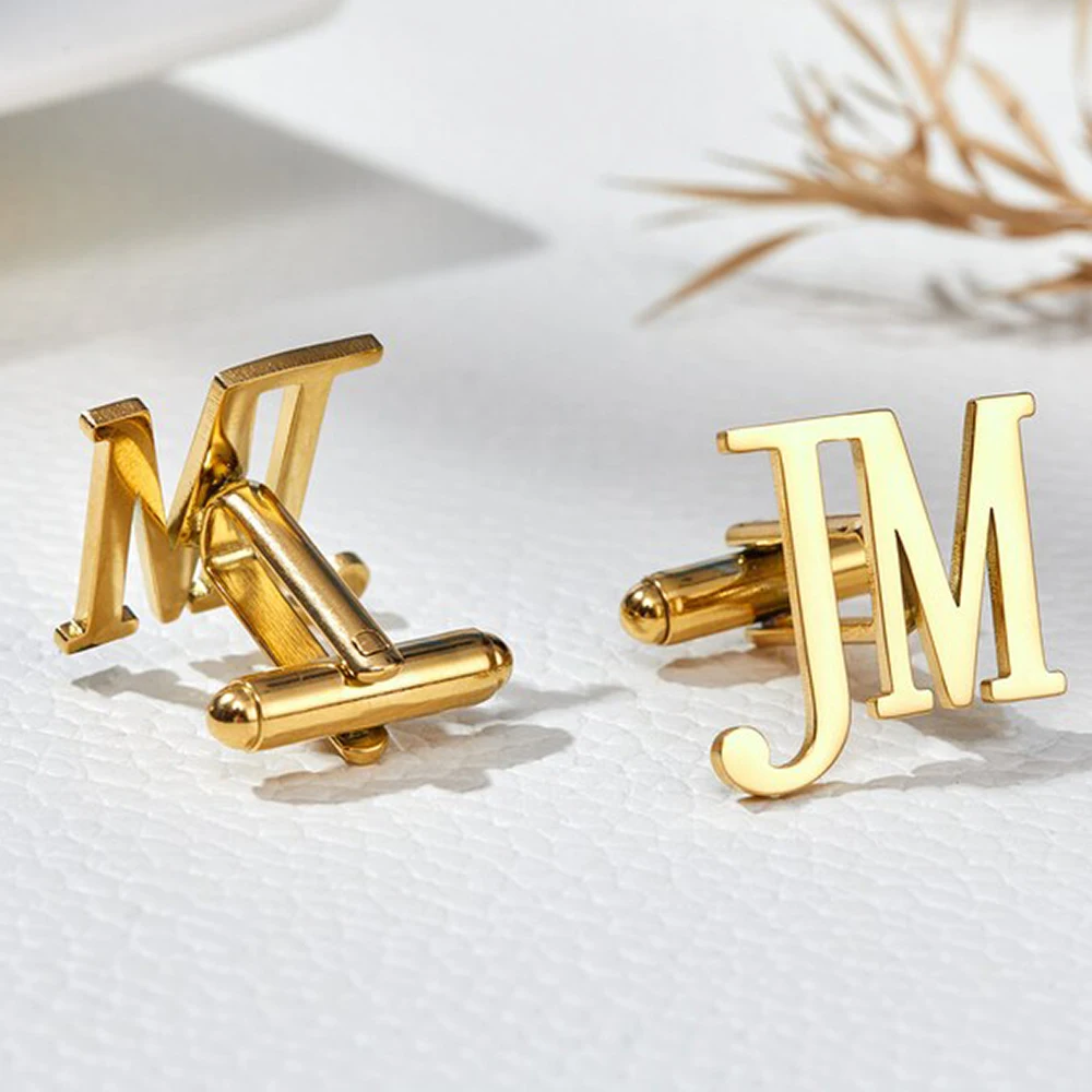 Stainless Steel Custom Hollow Two Letter Cufflinks Gold Silver Black Personalized Engraved Cuff Links Gift For Husband Dad Groom