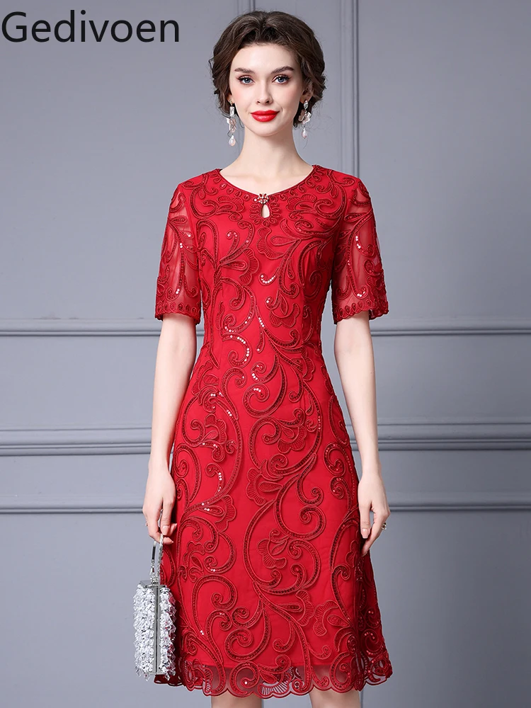 

Gedivoen Summer Fashion Runway New Designer O-Neck Collar Embroidery Floral Mesh Sequins Casual Style A-LINE Dress