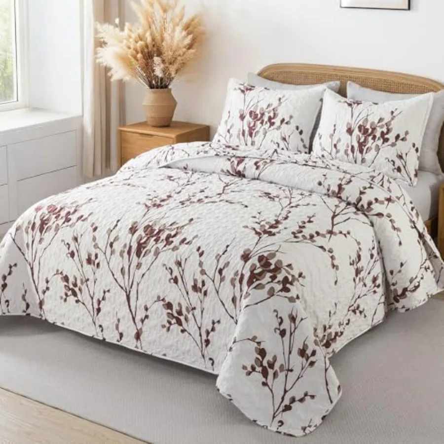 

Burgundy Red Quilt King Size 106x96 Inch 3 Pieces Floral Lightweight Bedding Set Microfiber Reversible Flower Quilted Bedspread
