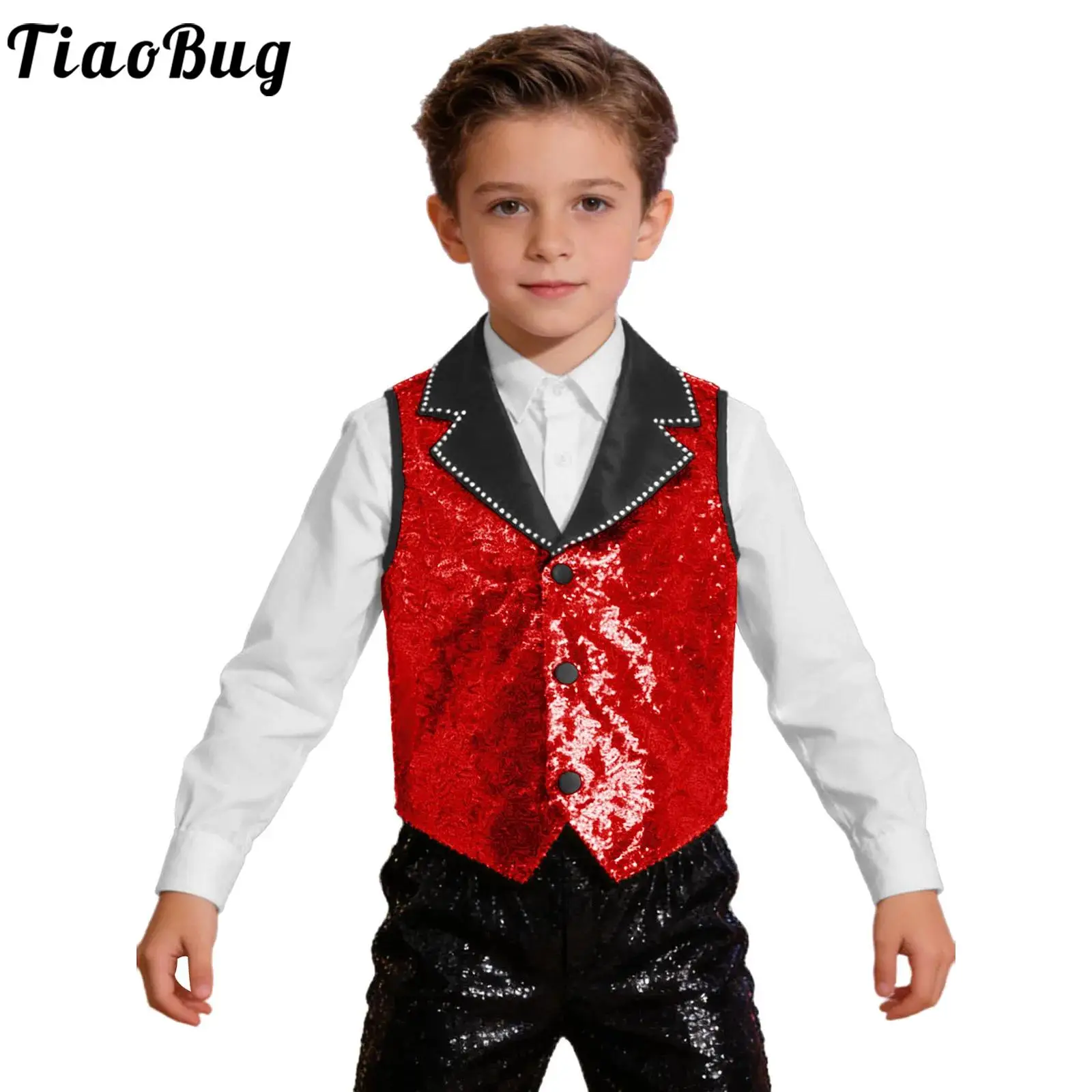 

Kids Boys Girls Sparkly Sequin Dance Vest for Jazz Tango Chac-cha Lapel Collar Sleeveless Sequined Waistcoat Choir Performance