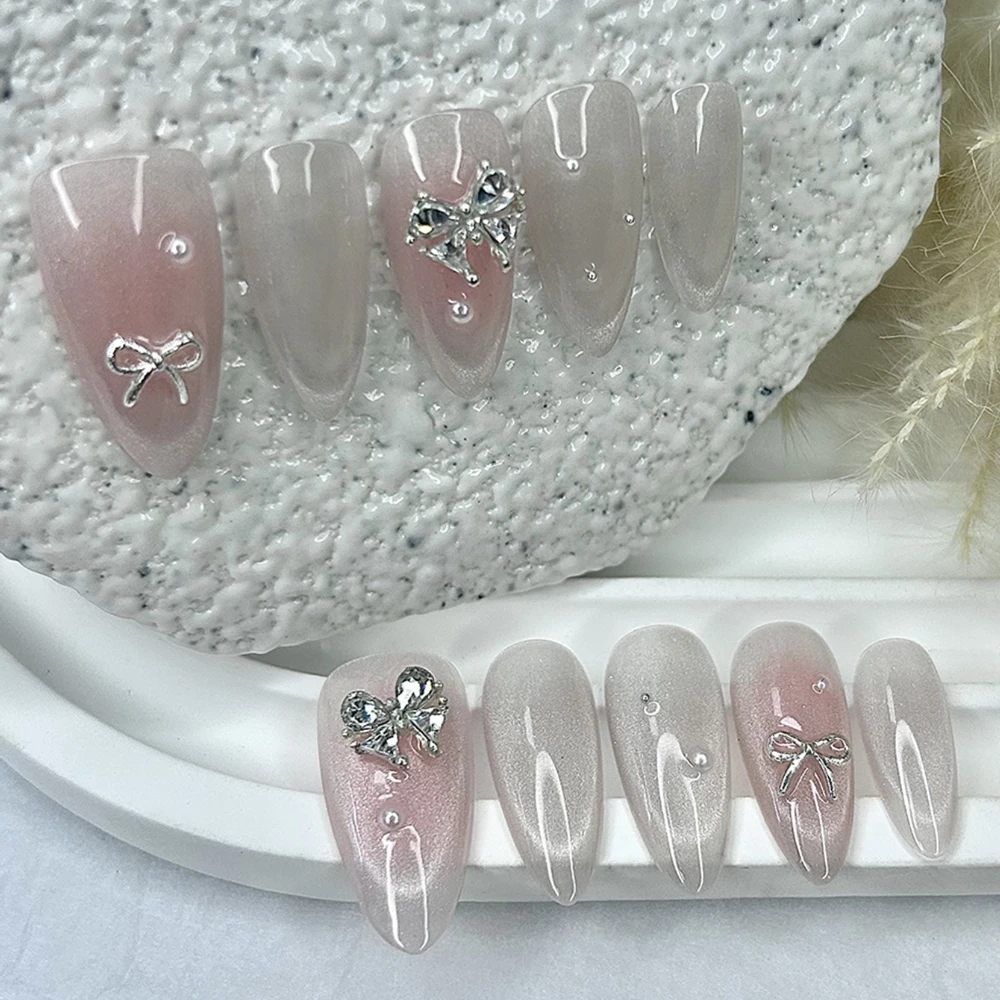 10개 부드럽고 달콤하고 귀여운 핑크 블러쉬 아몬드 수제 프레스온 네일 3D 리본 진주 다이아몬드 캣아이 글리터 아트 가짜 손톱