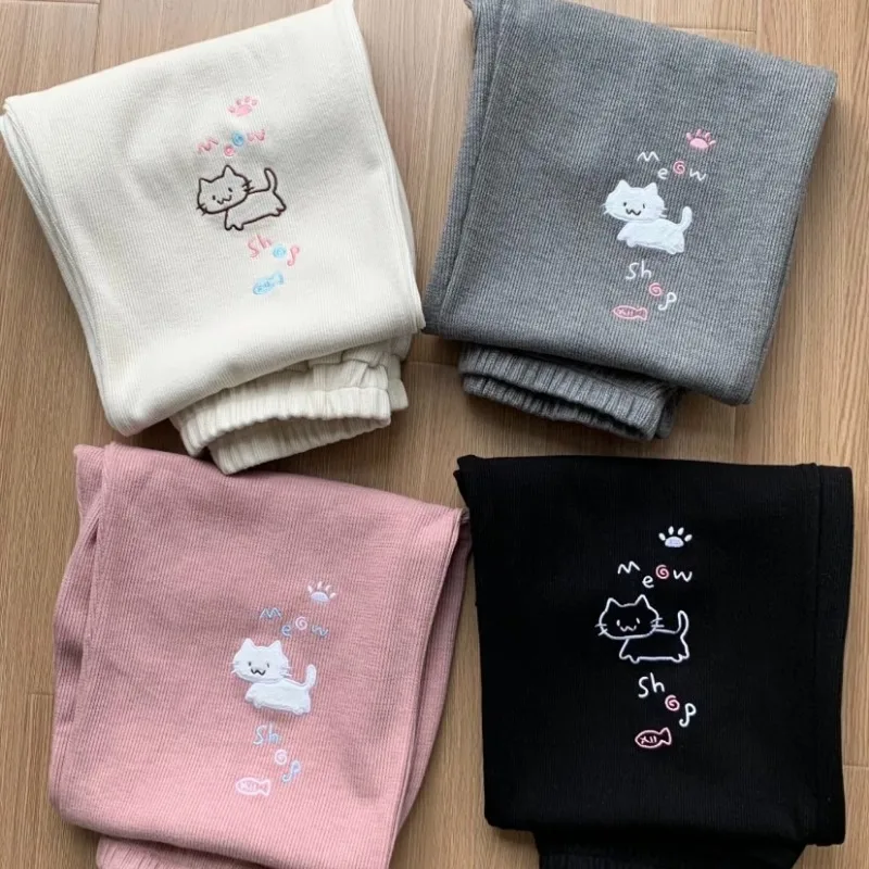 Deeptown Japanese Style Winter Grey Sweatpants Women Kawaii Casual Cat Embroidery Thick Pants Autumn Baggy Vintage Warm Trousers