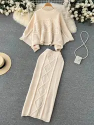 Women O Neck Loose Twist Batwing Sleeve Sweater Two Piece Sets 2025 Women's Autumn Winter High Waist Knitted Skirt Suits